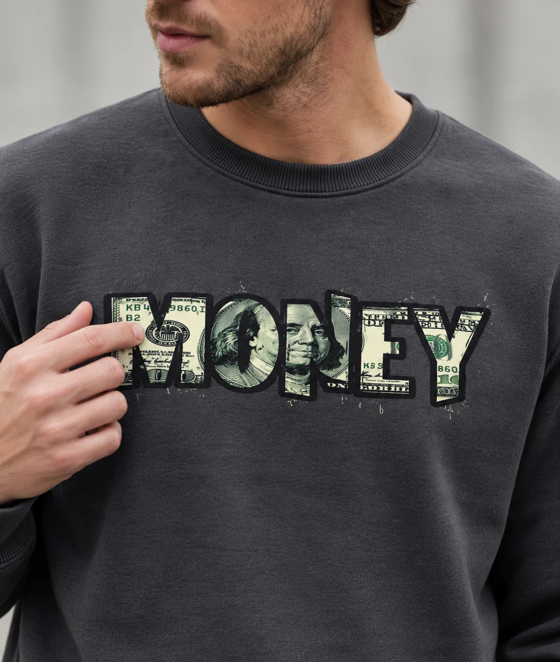 Men’s Charcoal Grey Money Graphic Printed Sweatshirt – Urban Streetwear Crew Neck