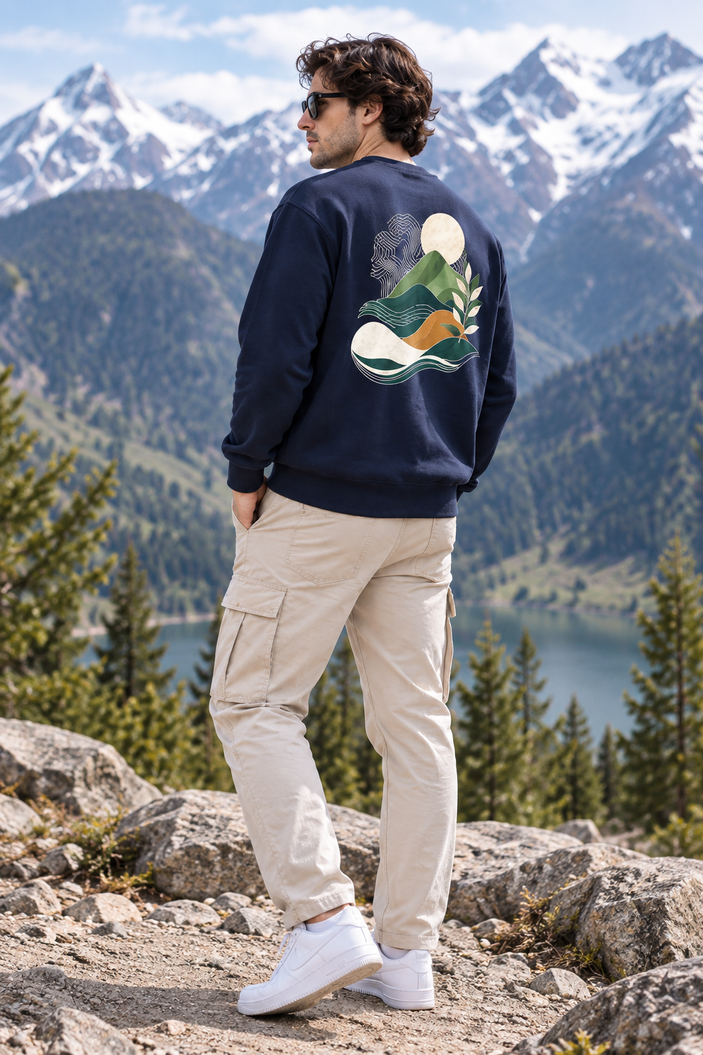 Men’s Navy Blue Nature Landscape Graphic Printed Sweatshirt – Crew Neck Casual Winter Wear