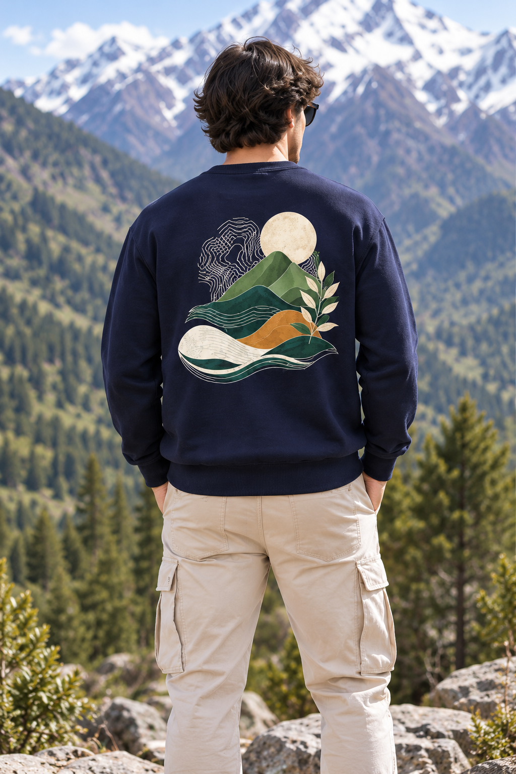 Men’s Navy Blue Nature Landscape Graphic Printed Sweatshirt – Crew Neck Casual Winter Wear