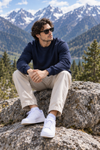 Men’s Navy Blue Nature Landscape Graphic Printed Sweatshirt – Crew Neck Casual Winter Wear