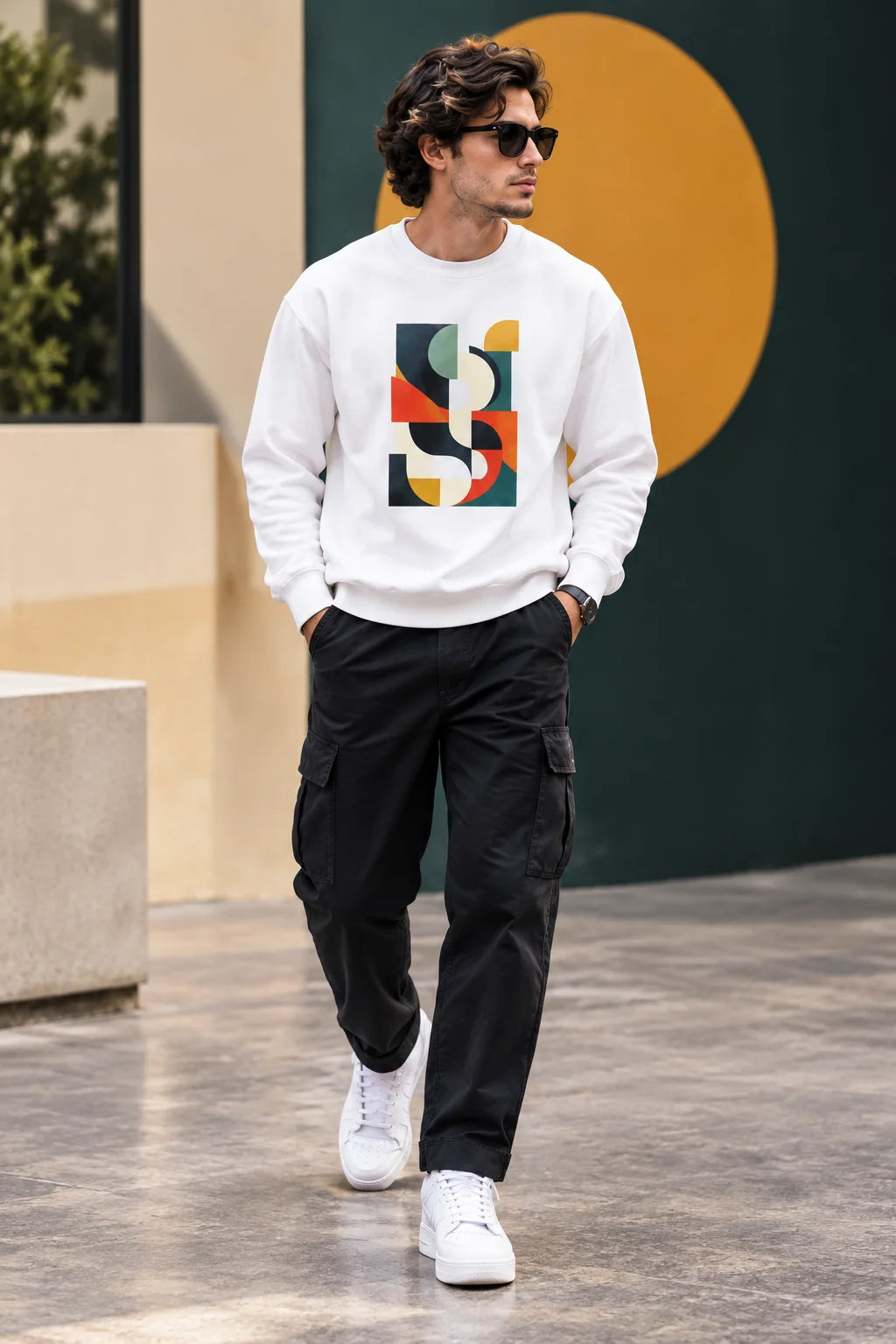Men’s White Abstract Geometric Graphic Printed Sweatshirt – Crew Neck Casual Streetwear