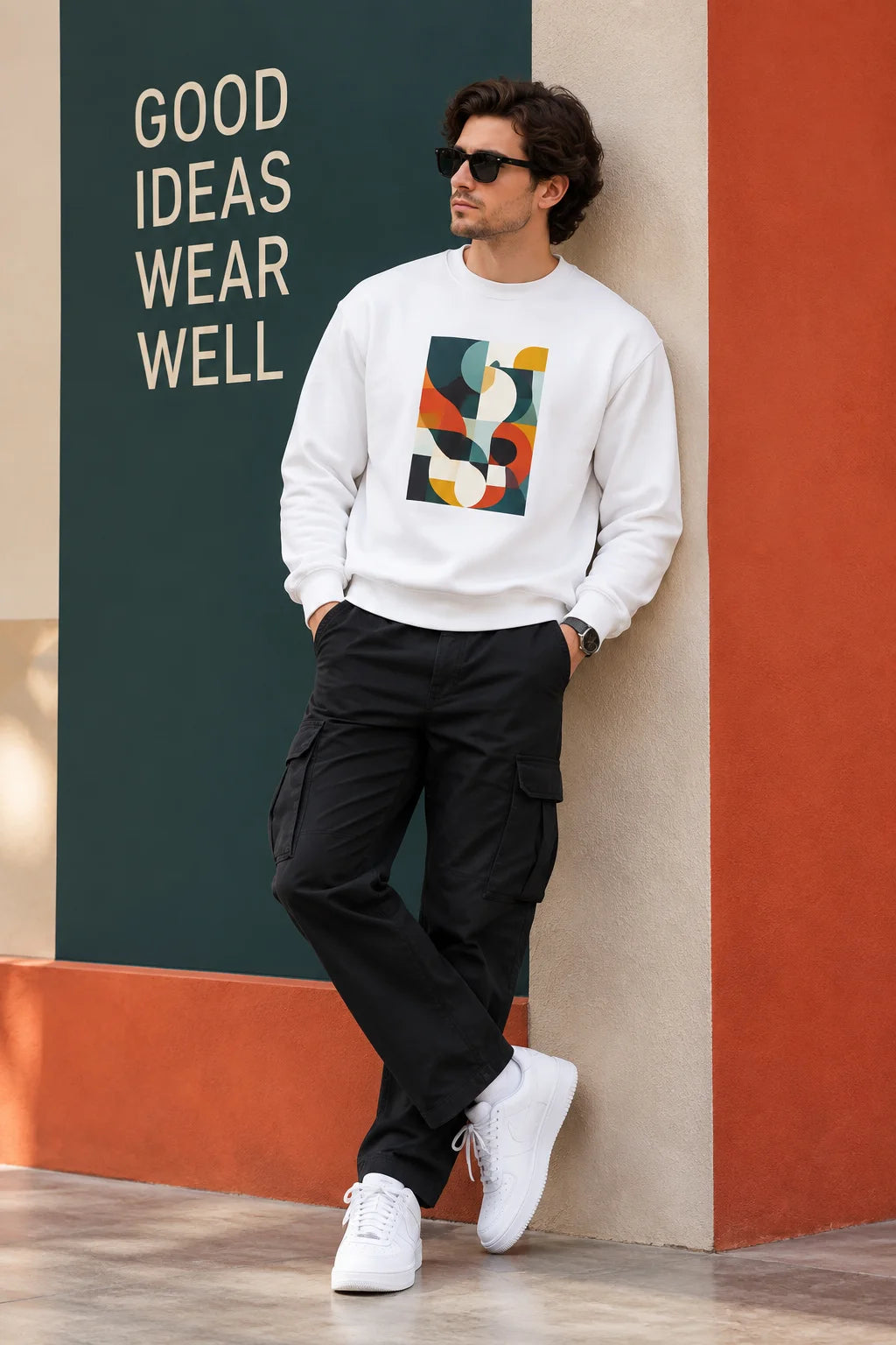 Men’s White Abstract Geometric Graphic Printed Sweatshirt – Crew Neck Casual Streetwear
