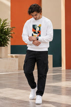 Men’s White Abstract Geometric Graphic Printed Sweatshirt – Crew Neck Casual Streetwear