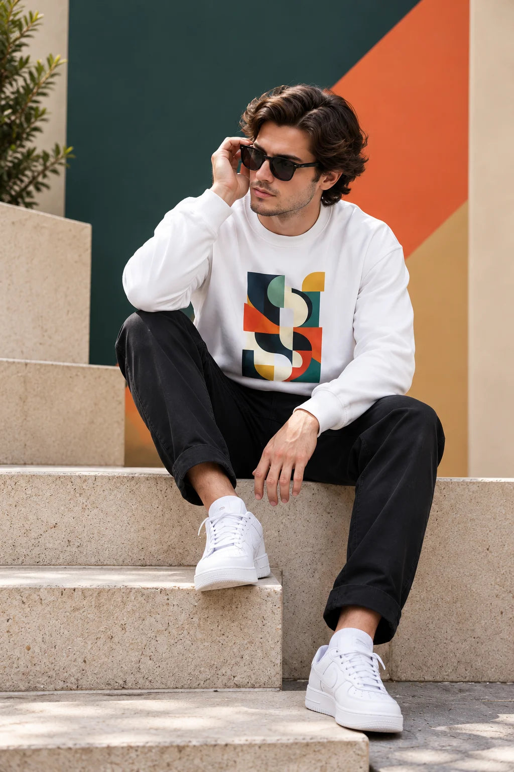 Men’s White Abstract Geometric Graphic Printed Sweatshirt – Crew Neck Casual Streetwear