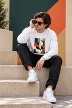 Men’s White Abstract Geometric Graphic Printed Sweatshirt – Crew Neck Casual Streetwear