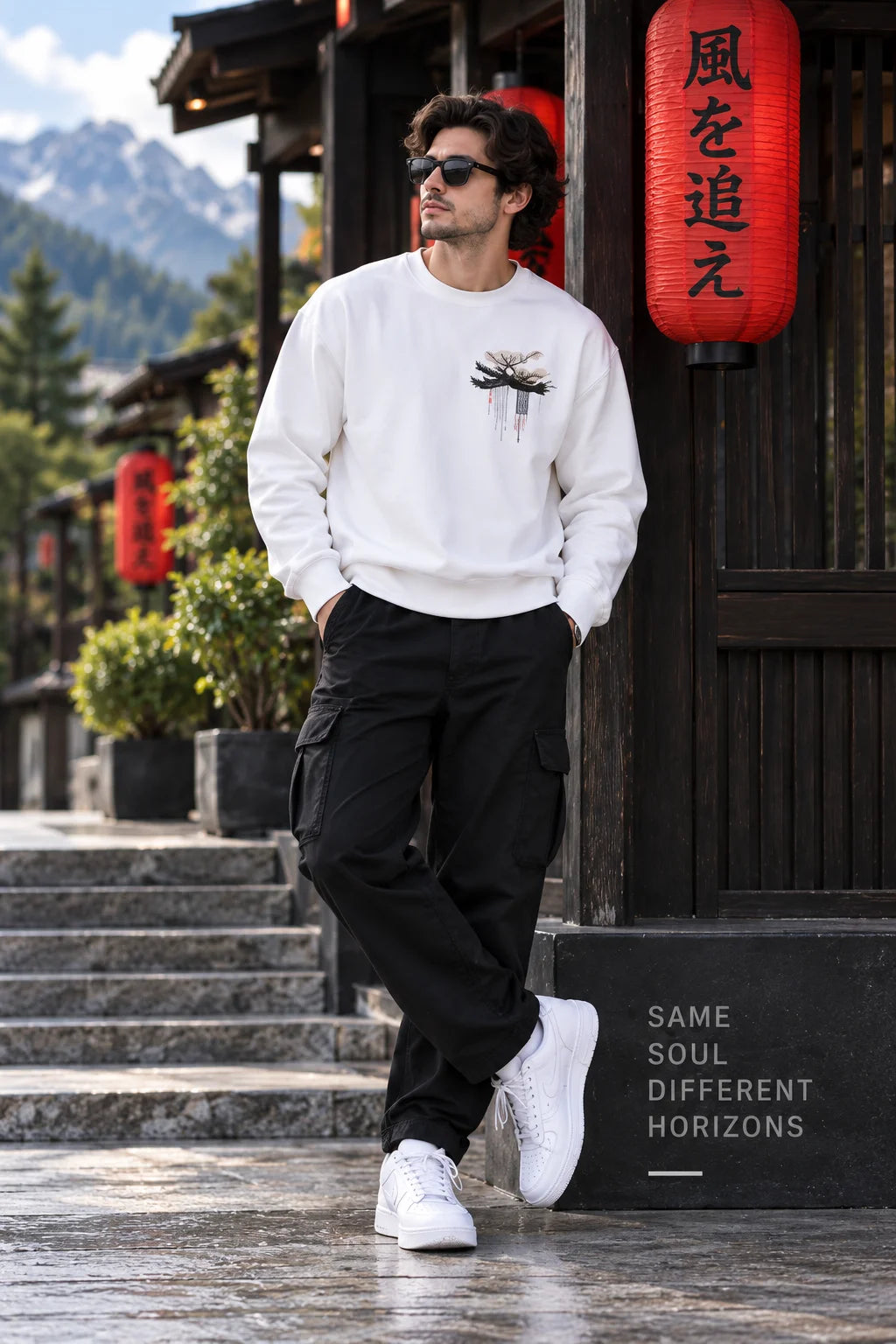 Men’s White Japanese Cyberpunk Graphic Printed Sweatshirt – Front & Back Streetwear Design