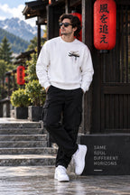 Men’s White Japanese Cyberpunk Graphic Printed Sweatshirt – Front & Back Streetwear Design