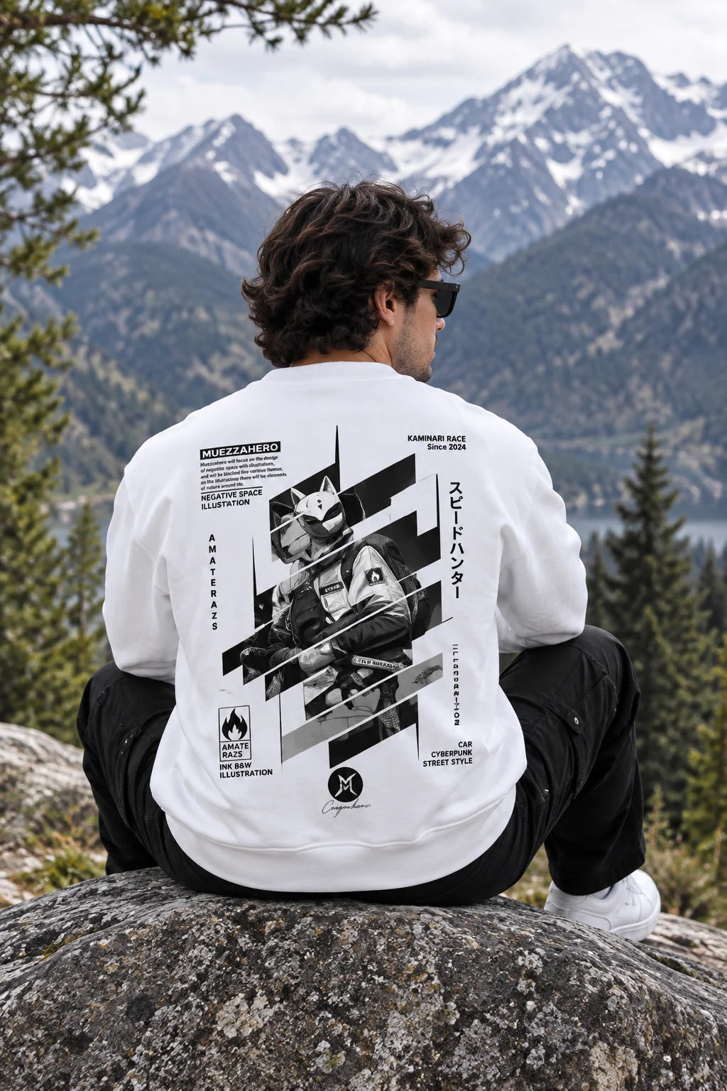 Men’s White Japanese Cyberpunk Graphic Printed Sweatshirt – Front & Back Streetwear Design
