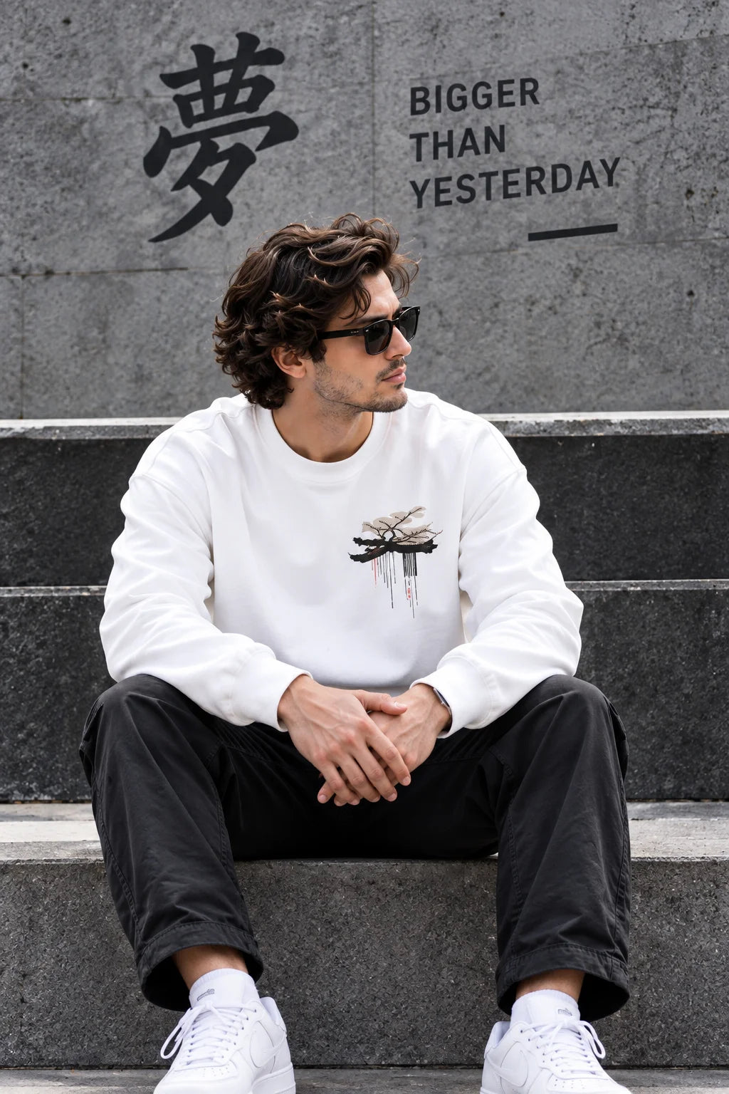 Men’s White Japanese Cyberpunk Graphic Printed Sweatshirt – Front & Back Streetwear Design
