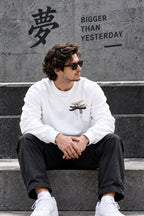 Men’s White Japanese Cyberpunk Graphic Printed Sweatshirt – Front & Back Streetwear Design