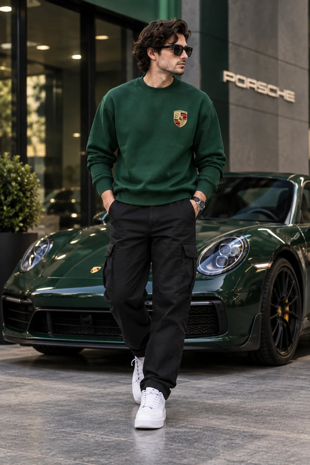 Men’s Bottle Green Sports Car Graphic Printed Sweatshirt – Front & Back Automotive Streetwear