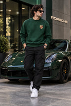 Men’s Bottle Green Sports Car Graphic Printed Sweatshirt – Front & Back Automotive Streetwear