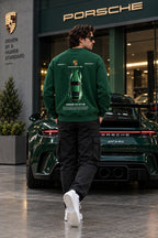Men’s Bottle Green Sports Car Graphic Printed Sweatshirt – Front & Back Automotive Streetwear