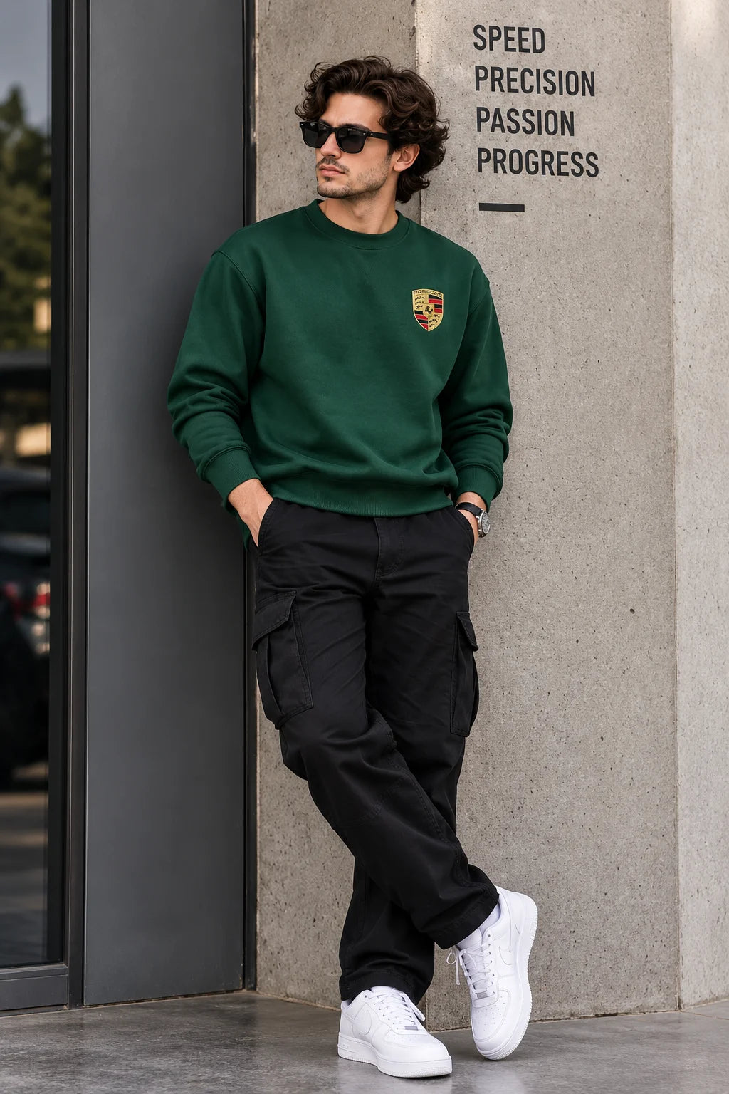 Men’s Bottle Green Sports Car Graphic Printed Sweatshirt – Front & Back Automotive Streetwear