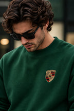 Men’s Bottle Green Sports Car Graphic Printed Sweatshirt – Front & Back Automotive Streetwear