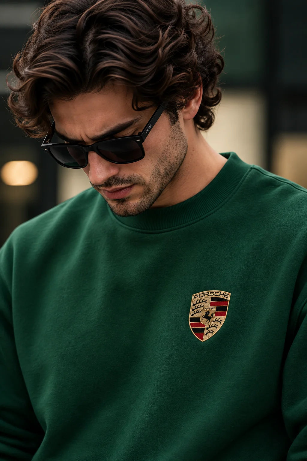 Men’s Bottle Green Sports Car Graphic Printed Sweatshirt – Front & Back Automotive Streetwear