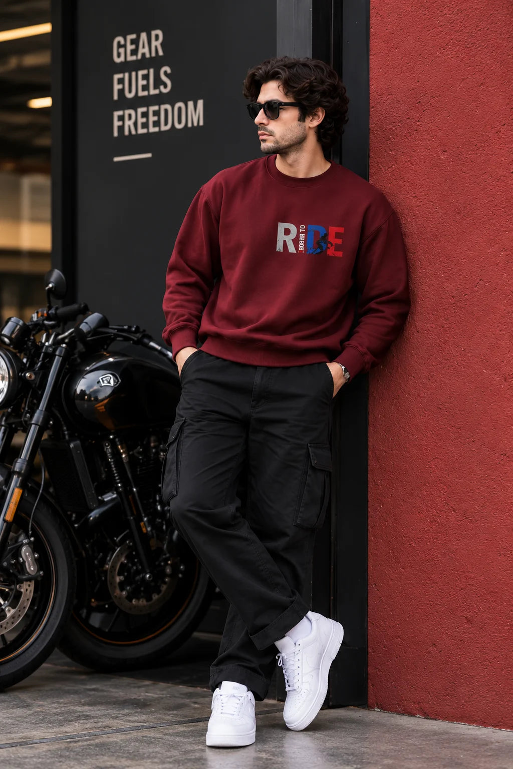 Men’s Maroon Born to Ride Biker Graphic Printed Sweatshirt – Front & Back Motorcycle Design