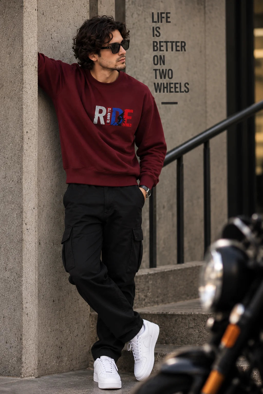 Men’s Maroon Born to Ride Biker Graphic Printed Sweatshirt – Front & Back Motorcycle Design