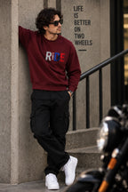 Men’s Maroon Born to Ride Biker Graphic Printed Sweatshirt – Front & Back Motorcycle Design