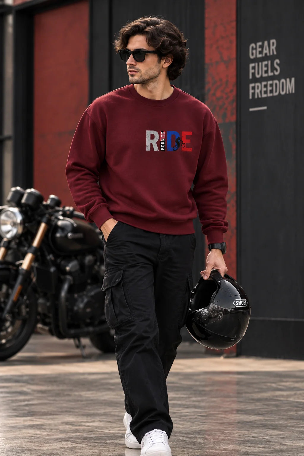 Men’s Maroon Born to Ride Biker Graphic Printed Sweatshirt – Front & Back Motorcycle Design