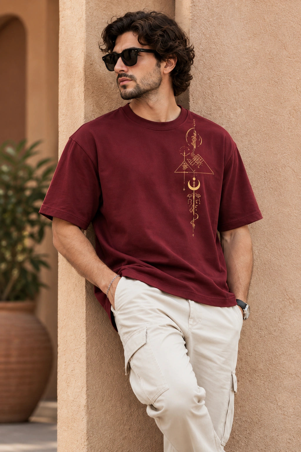 Men’s Burgundy Graphic Crew Neck T-Shirt – Regular Fit