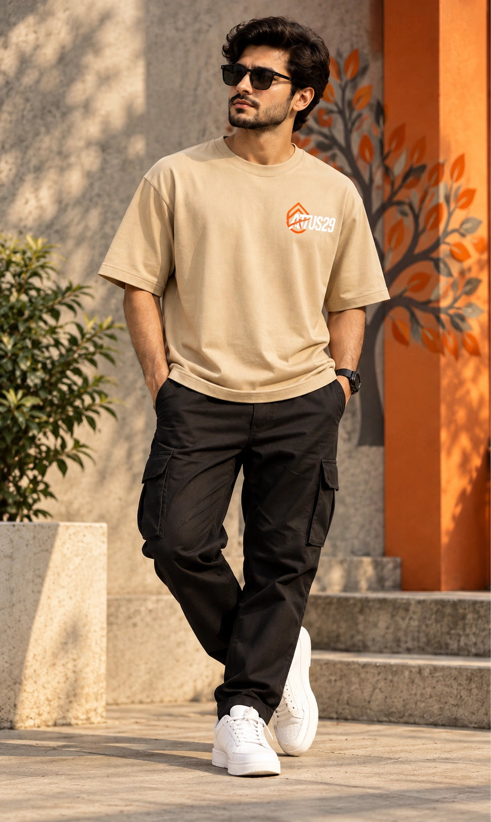 Men’s Beige Graphic Oversized T-Shirt – Drop Shoulder Streetwear Tee