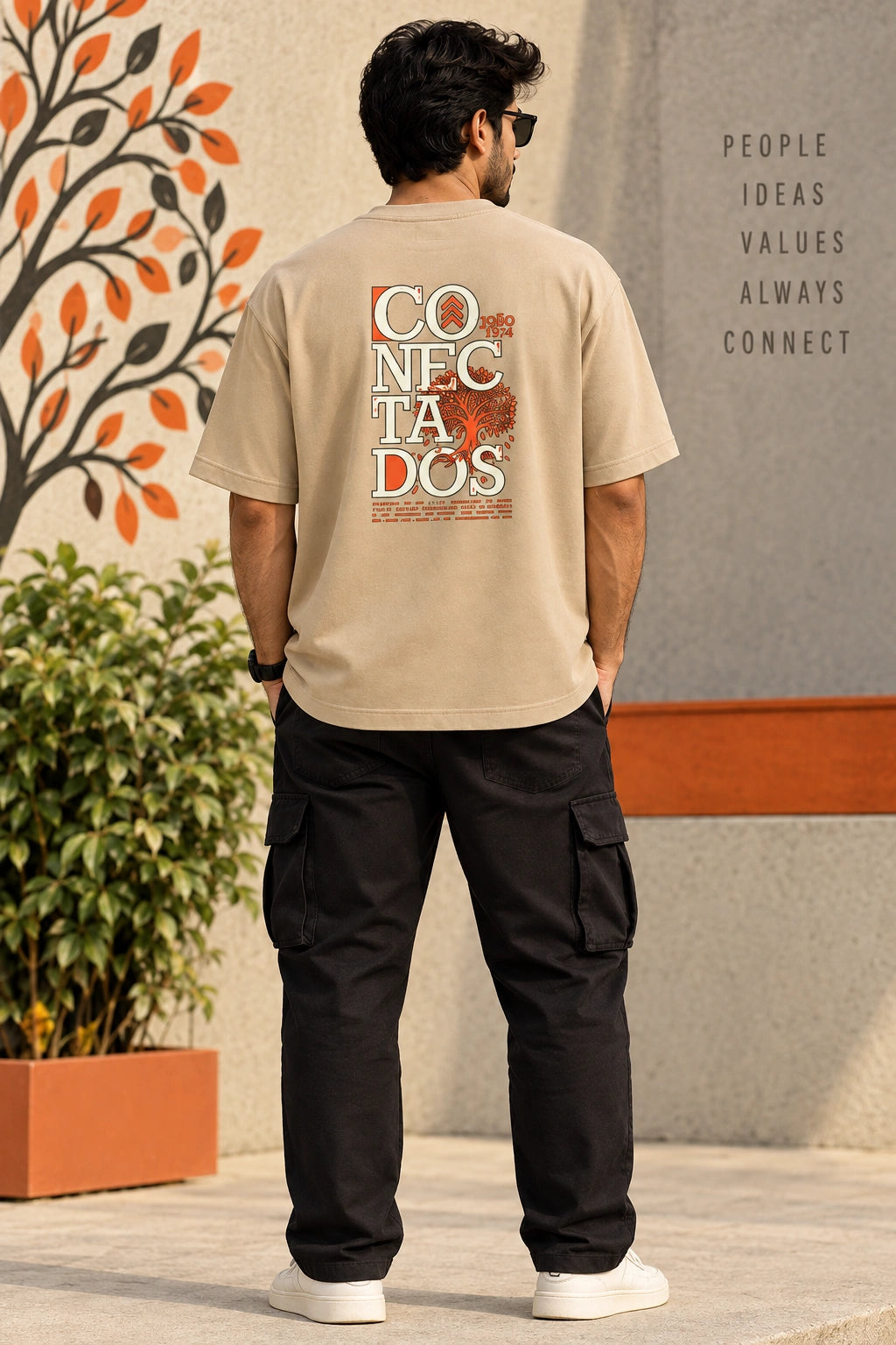 Men’s Beige Graphic Oversized T-Shirt – Drop Shoulder Streetwear Tee
