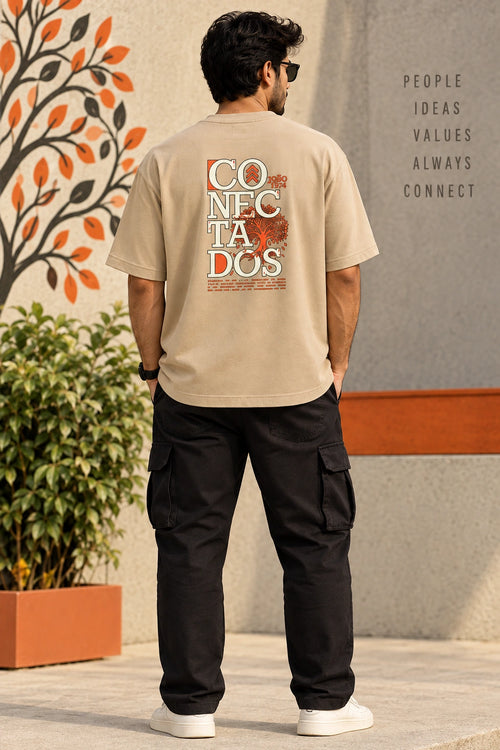 Men’s Beige Graphic Oversized T-Shirt – Drop Shoulder Streetwear Tee