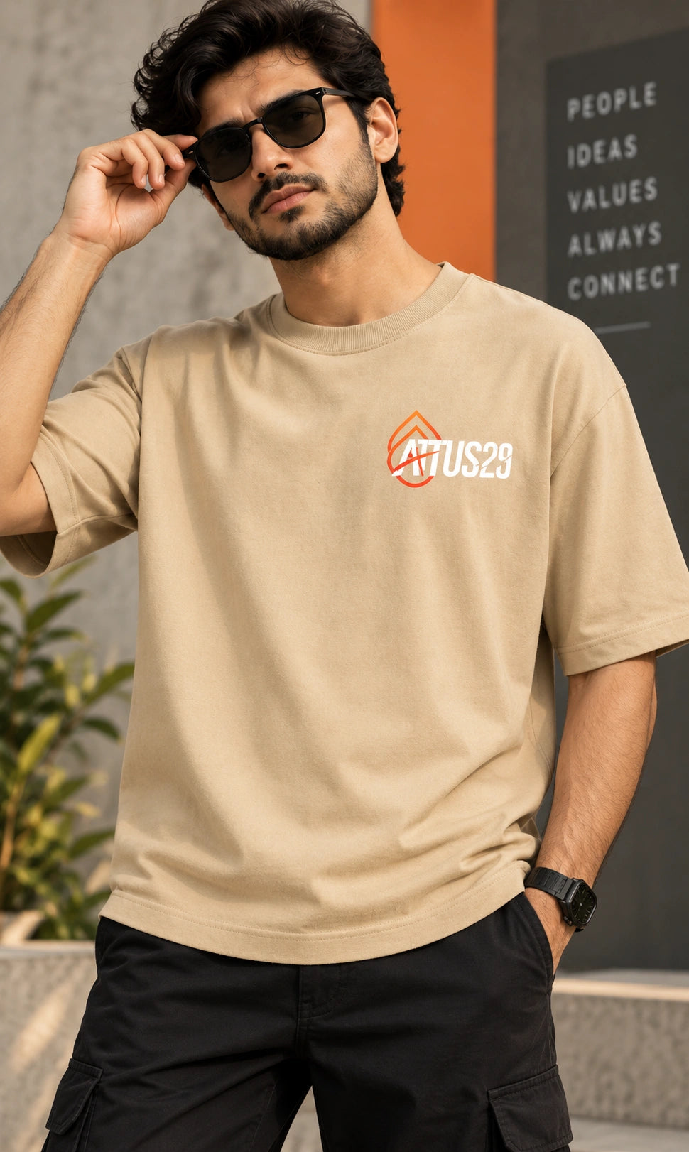 Men’s Beige Graphic Oversized T-Shirt – Drop Shoulder Streetwear Tee