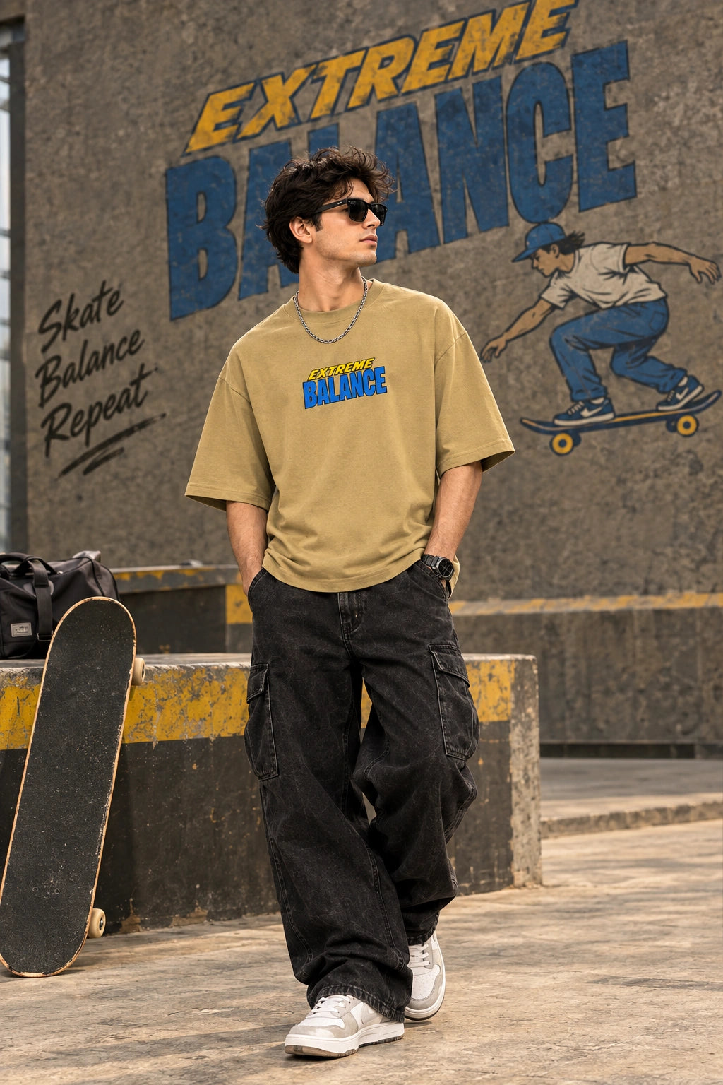 Men’s Beige Extreme Balance Graphic Oversized T-Shirt – Front & Back Print
