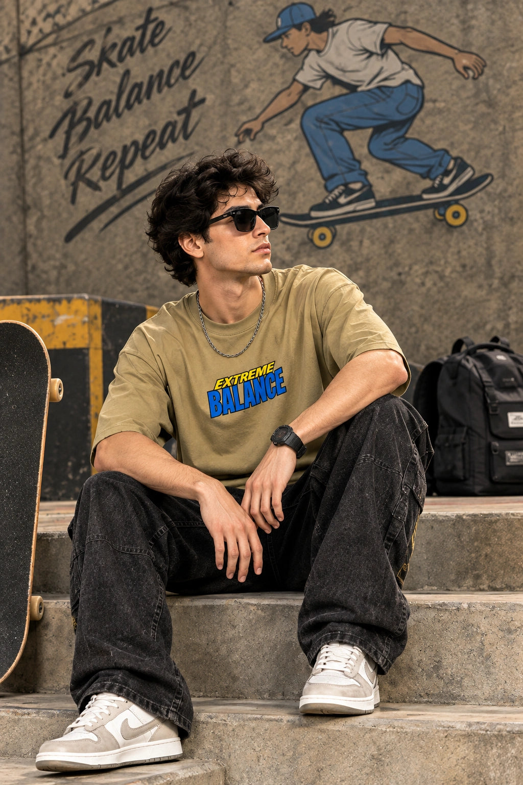 Men’s Beige Extreme Balance Graphic Oversized T-Shirt – Front & Back Print