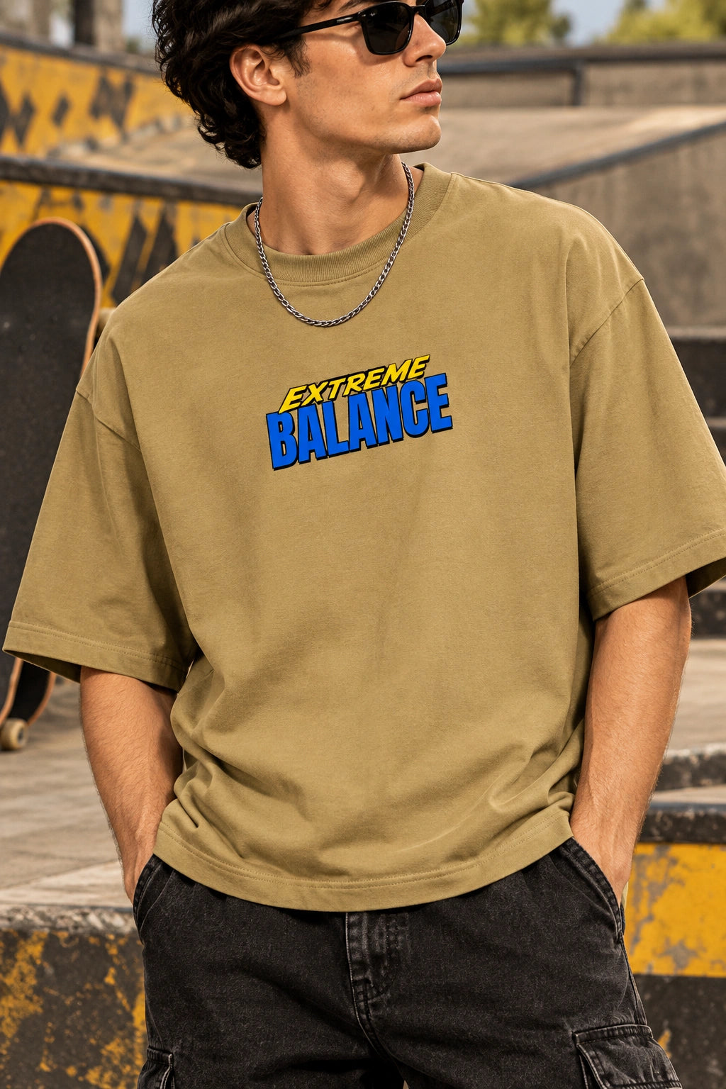 Men’s Beige Extreme Balance Graphic Oversized T-Shirt – Front & Back Print