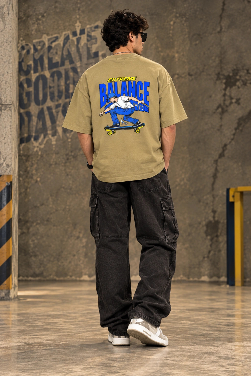 Men’s Beige Extreme Balance Graphic Oversized T-Shirt – Front & Back Print
