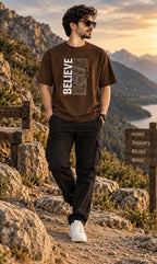 Men’s Brown “Believe in Yourself” Graphic Oversized T-Shirt – Premium Streetwear Tee