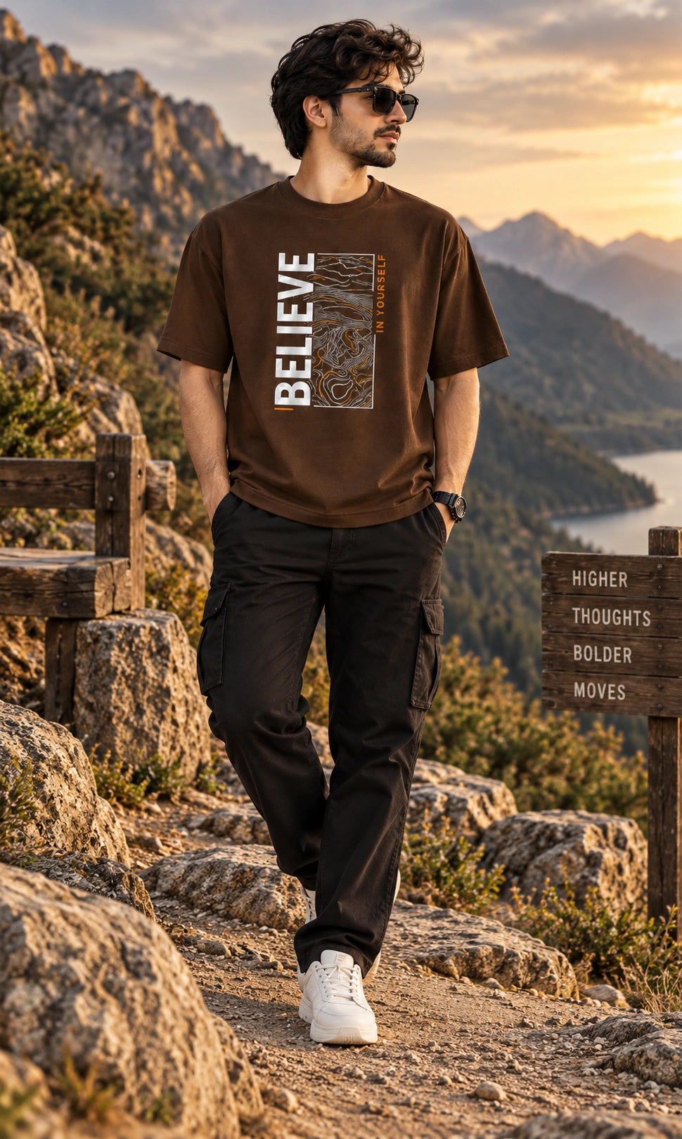 Men’s Brown “Believe in Yourself” Graphic Oversized T-Shirt – Premium Streetwear Tee