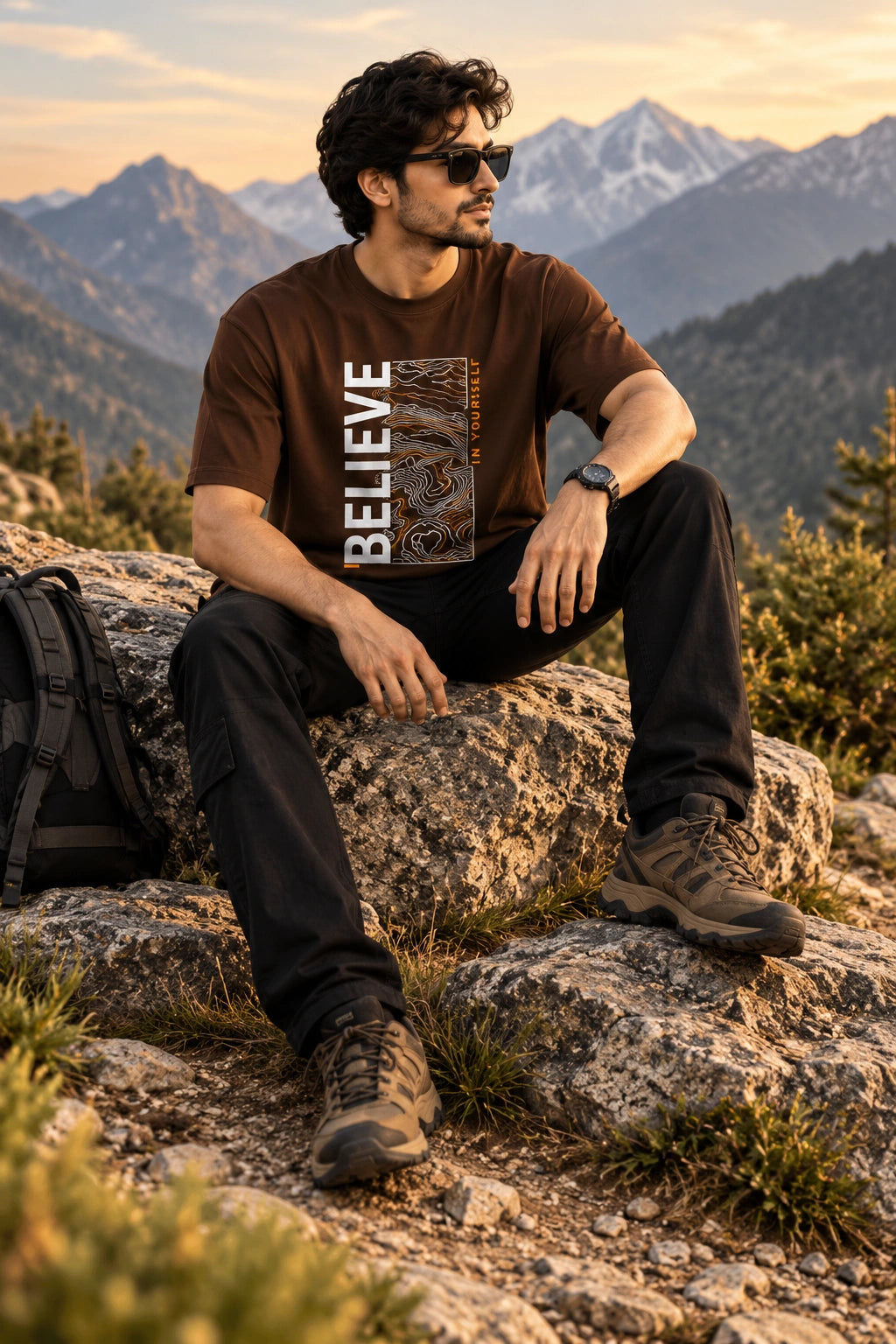 Men’s Brown “Believe in Yourself” Graphic Oversized T-Shirt – Premium Streetwear Tee