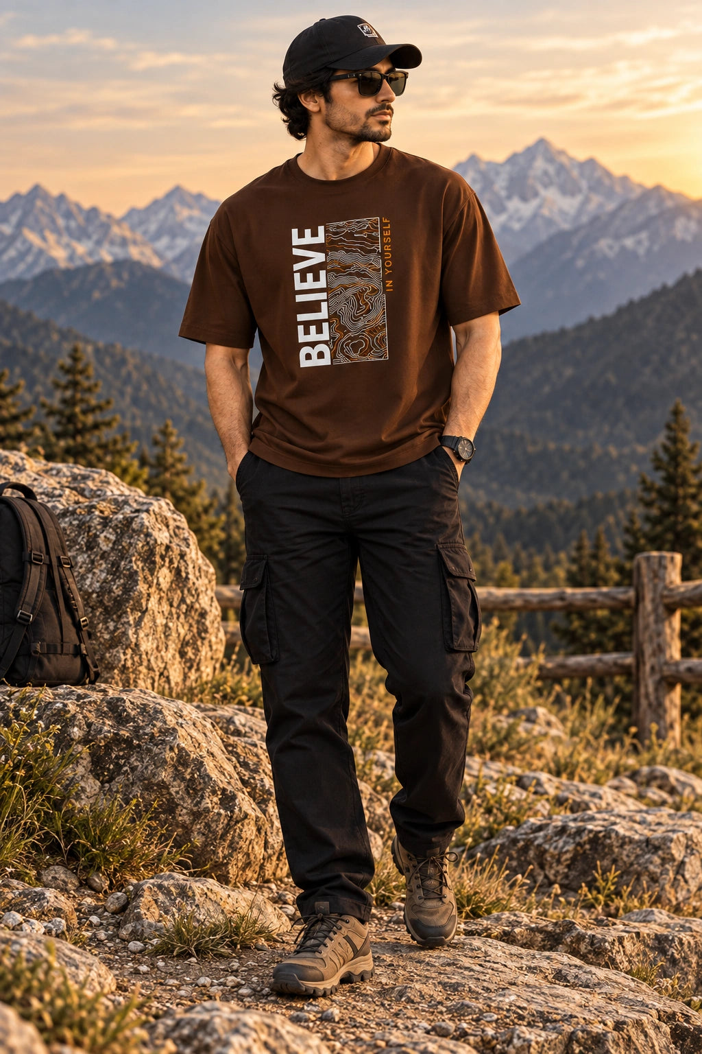 Men’s Brown “Believe in Yourself” Graphic Oversized T-Shirt – Premium Streetwear Tee