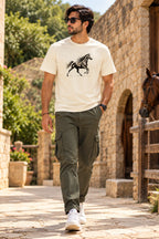 Men’s White Running Horse Graphic Oversized T-Shirt – Equestrian Streetwear Tee