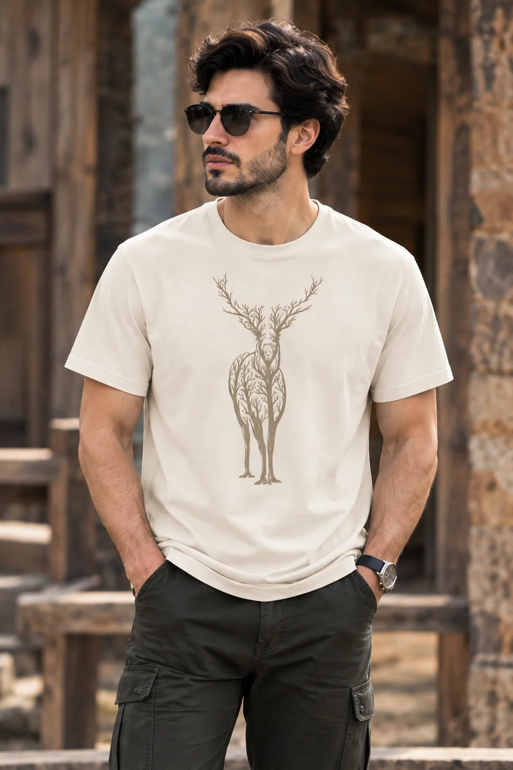 Men’s Olive Green Deer Nature Graphic Oversized T-Shirt – Outdoor Streetwear Tee