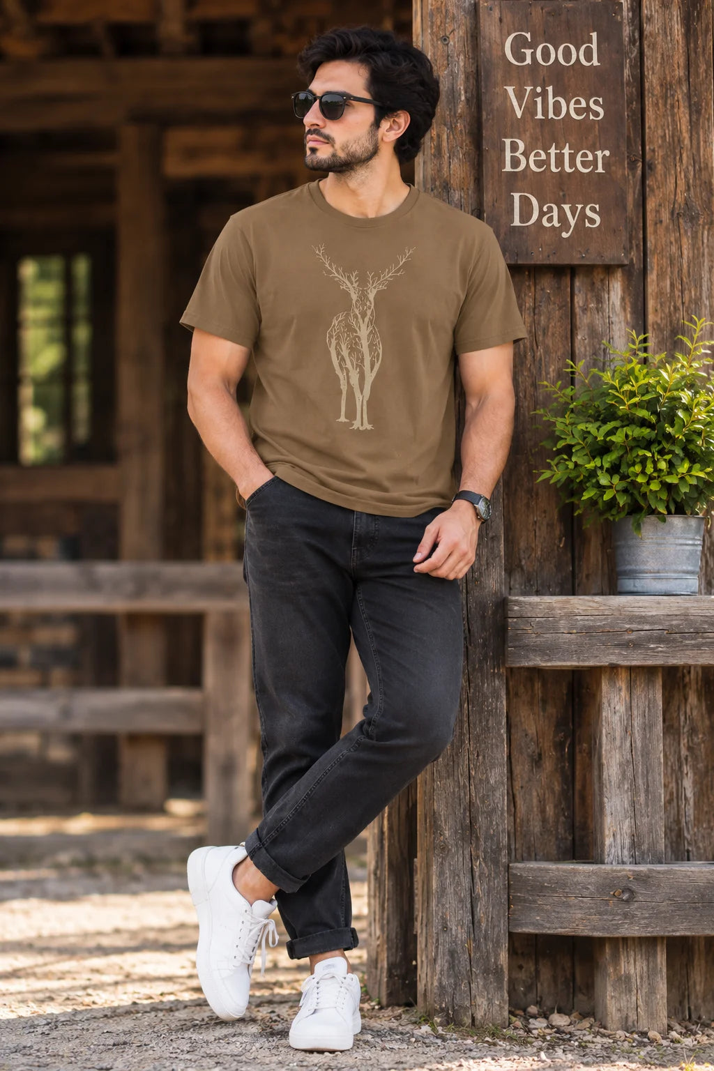 Men’s Olive Green Deer Nature Graphic Oversized T-Shirt – Outdoor Streetwear Tee