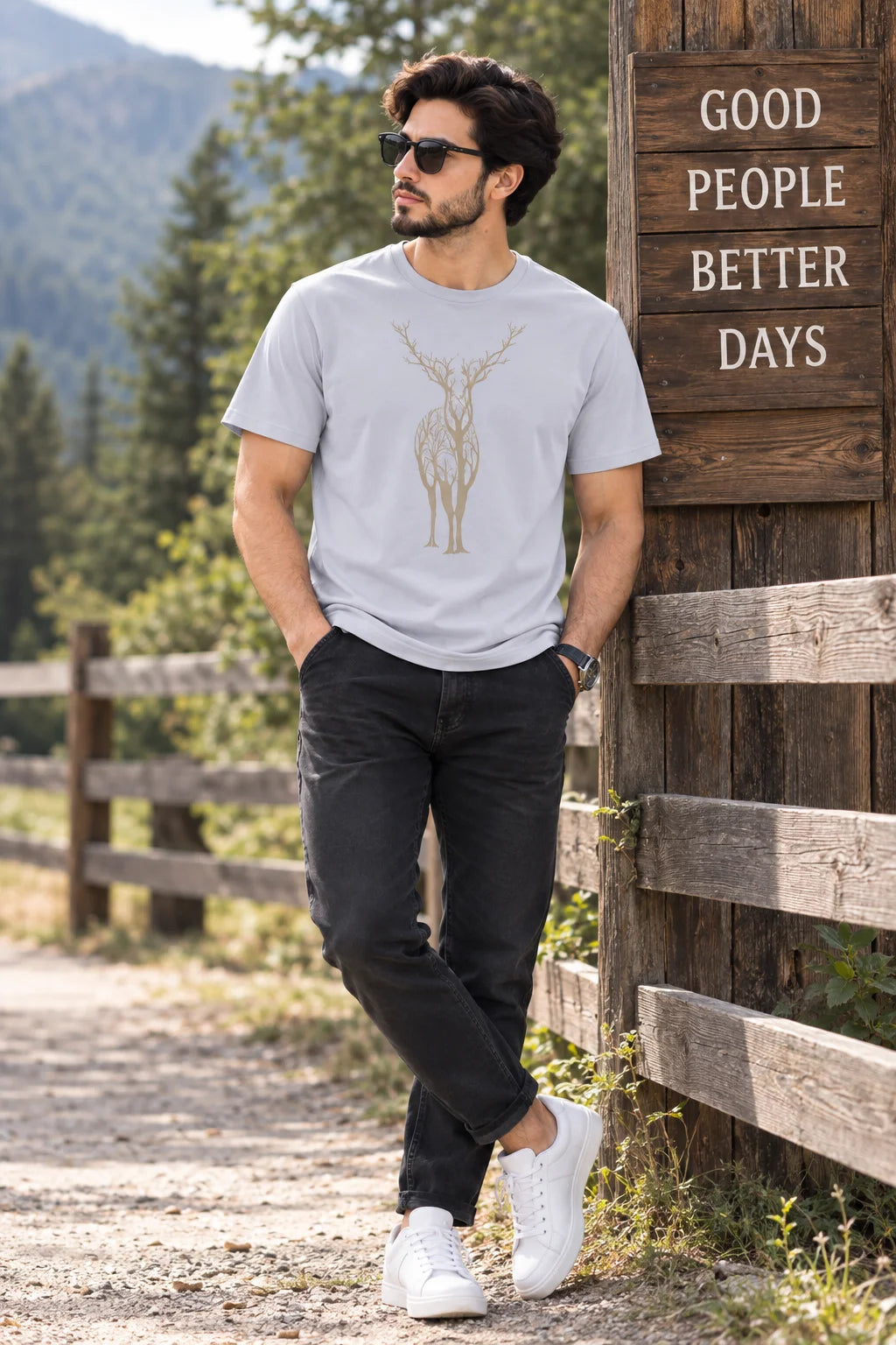 Men’s Olive Green Deer Nature Graphic Oversized T-Shirt – Outdoor Streetwear Tee