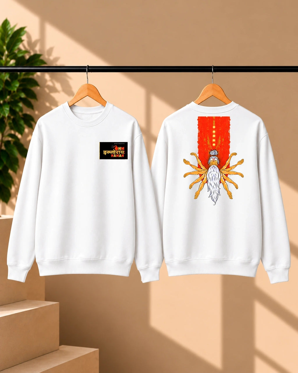 Men’s White Indian Spiritual Graphic Sweatshirt – Namah Front & Mystic Back Print