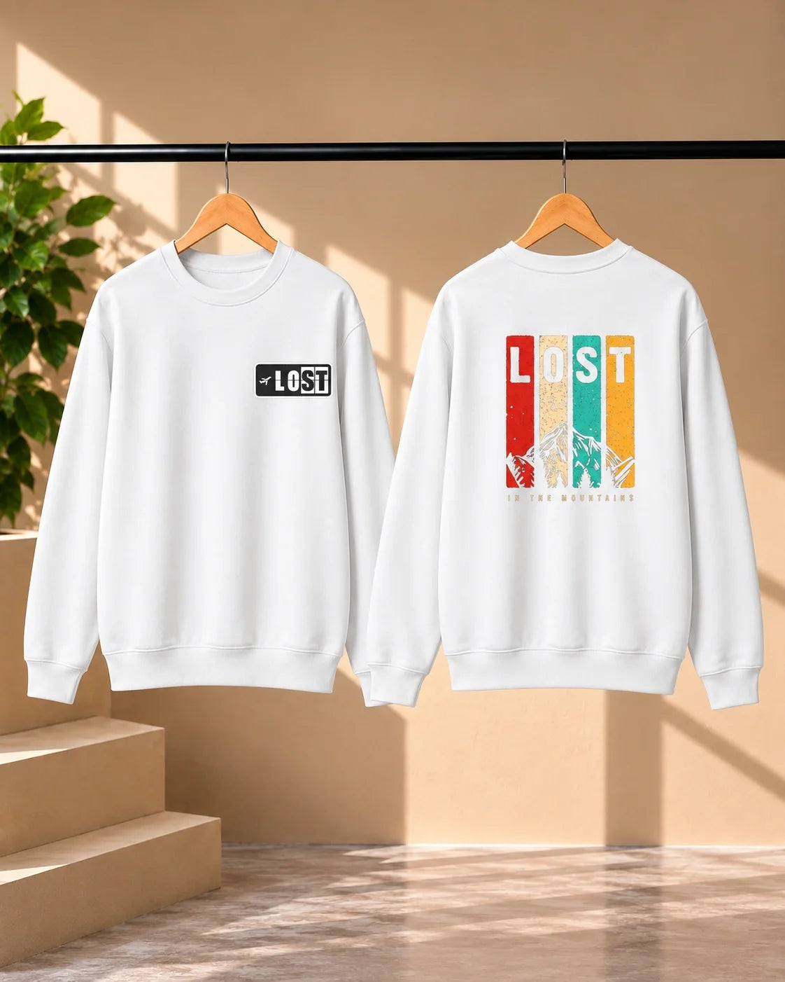 Men’s White Lost in the Mountains Graphic Sweatshirt – Front & Back Print