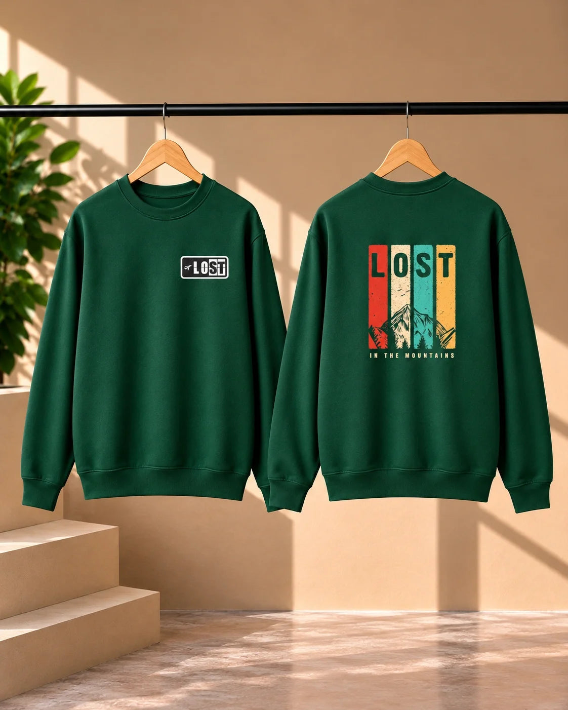 Men’s White Lost in the Mountains Graphic Sweatshirt – Front & Back Print