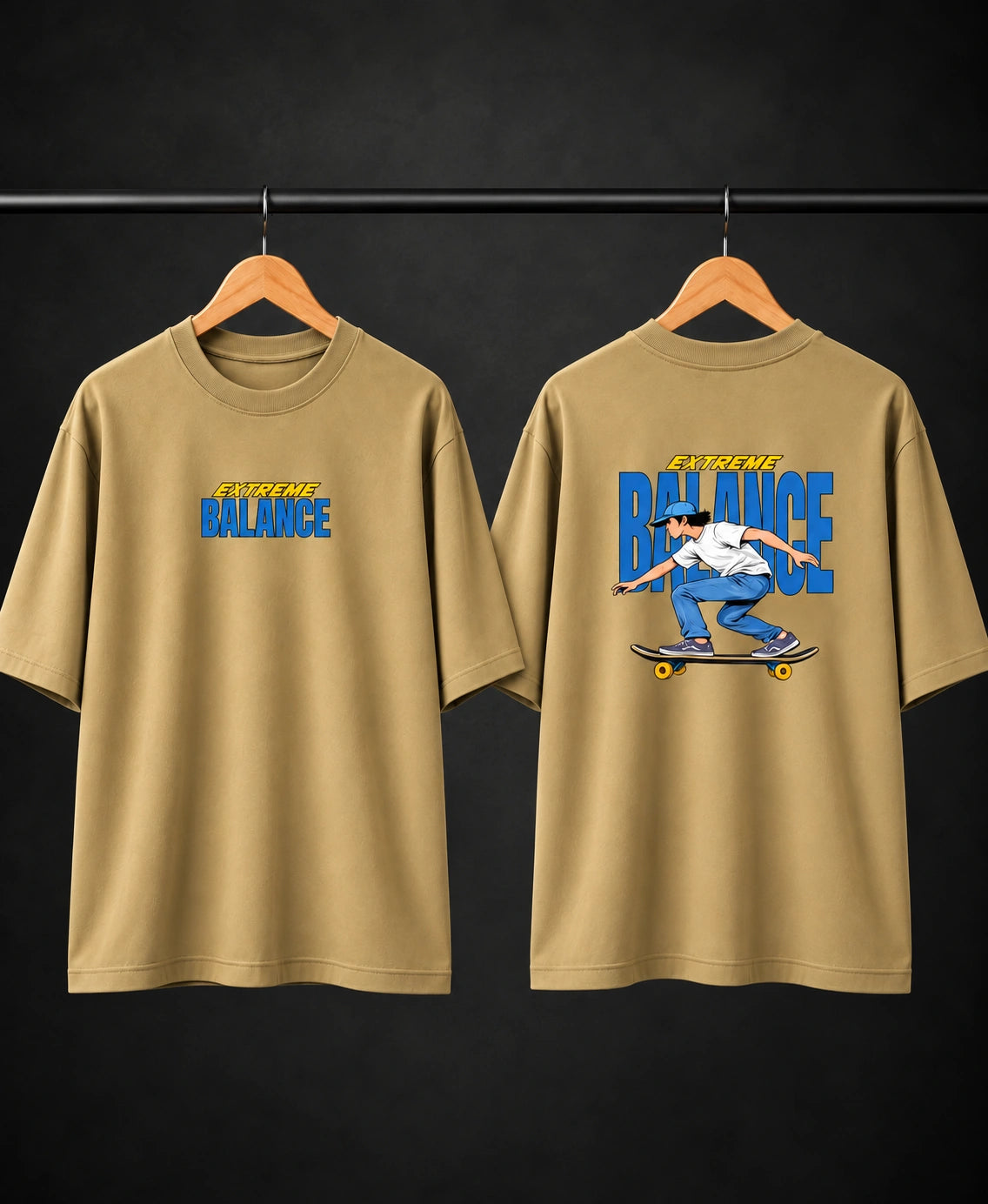 Men’s Beige Extreme Balance Graphic Oversized T-Shirt – Front & Back Print