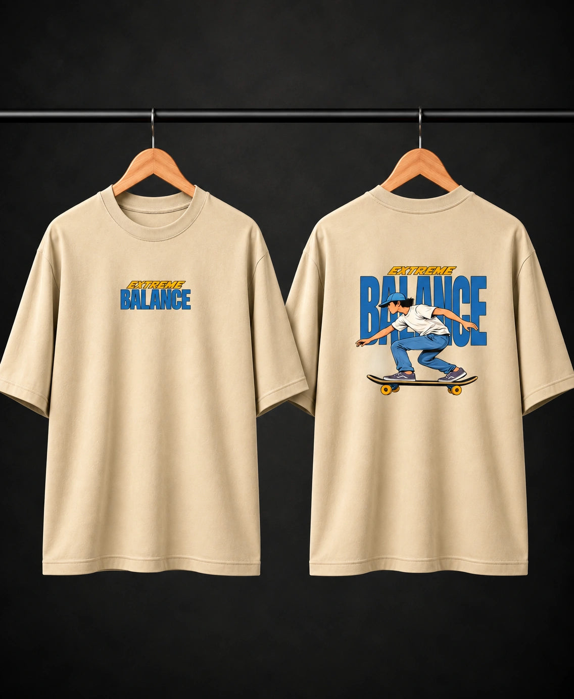 Men’s Beige Extreme Balance Graphic Oversized T-Shirt – Front & Back Print
