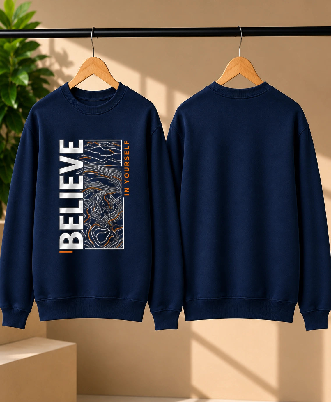 Men’s Navy Blue “Believe in Yourself” Graphic Printed Sweatshirt – Premium Crew Neck Full Sleeve
