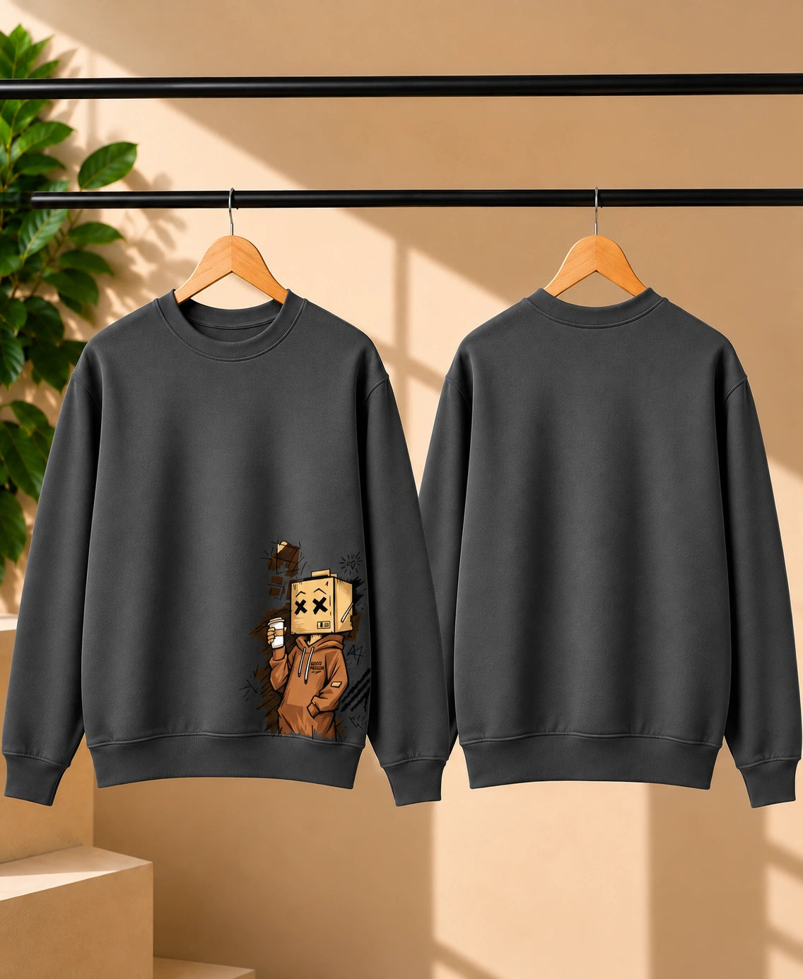 Men’s Maroon Graphic Sweatshirt – Box Head Character Printed Crew Neck Streetwear