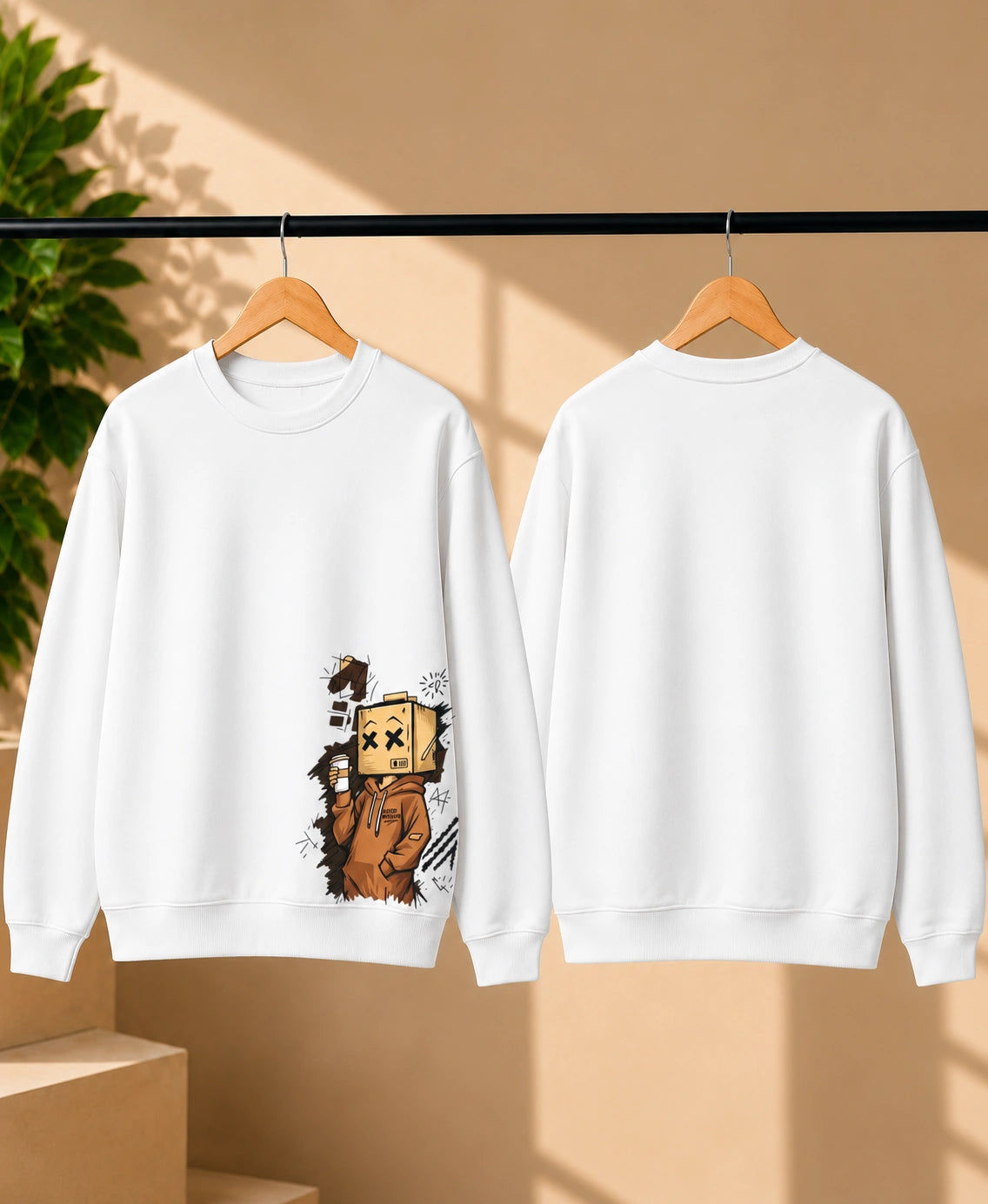 Men’s Maroon Graphic Sweatshirt – Box Head Character Printed Crew Neck Streetwear