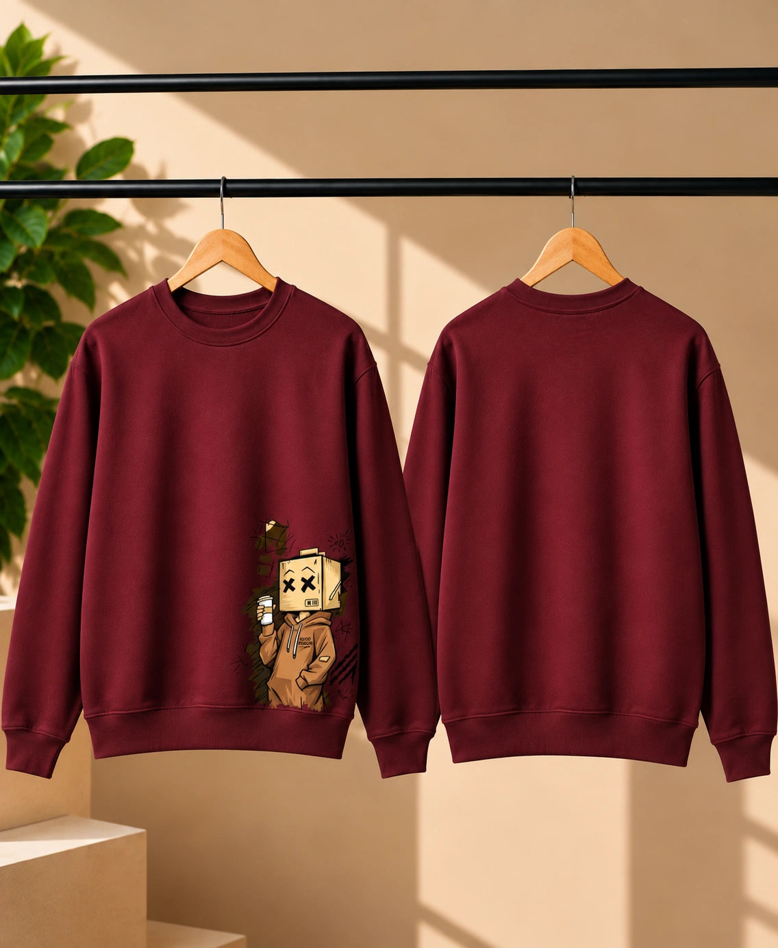 Men’s Maroon Graphic Sweatshirt – Box Head Character Printed Crew Neck Streetwear